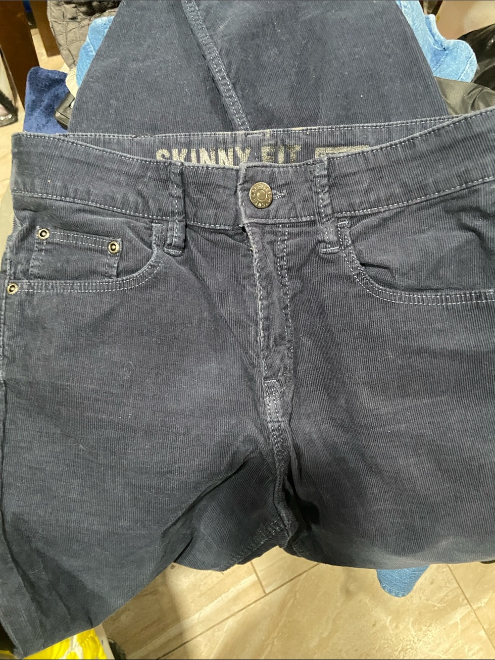 H&M Unisex / Boys Skinny Fit Corduroy Pants - Navy Blue (Size 12-13Y / 158)
